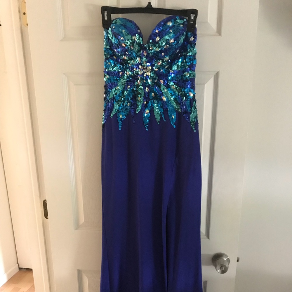 Cassandra Stone gown. Sequin bodice. Front slit.